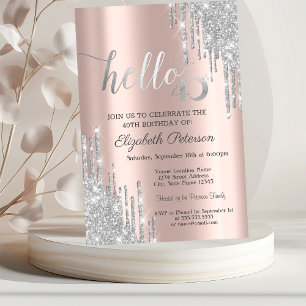 Silver Glitter Drips Rose Gold 40th Birthday Invitation