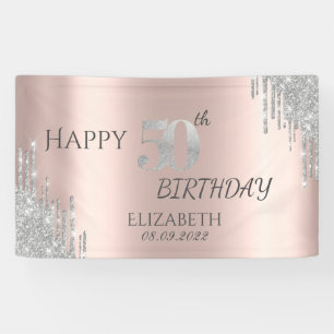 Silver Glitter Drips Rose Gold 50th Birthday  Banner
