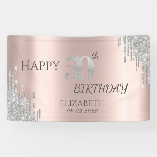 Silver Glitter Drips Rose Gold 50th Birthday  Banner (Horizontal)