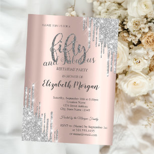 Silver Glitter Drips Rose Gold 50th Birthday Invitation