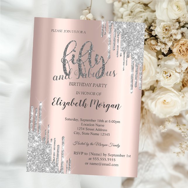 Silver  Glitter Drips Rose Gold 50th Birthday Invitation (Creator Uploaded)