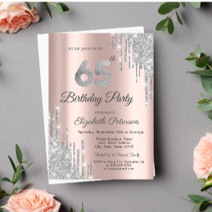 Silver Glitter Drips Rose Gold 65th Birthday  Invitation