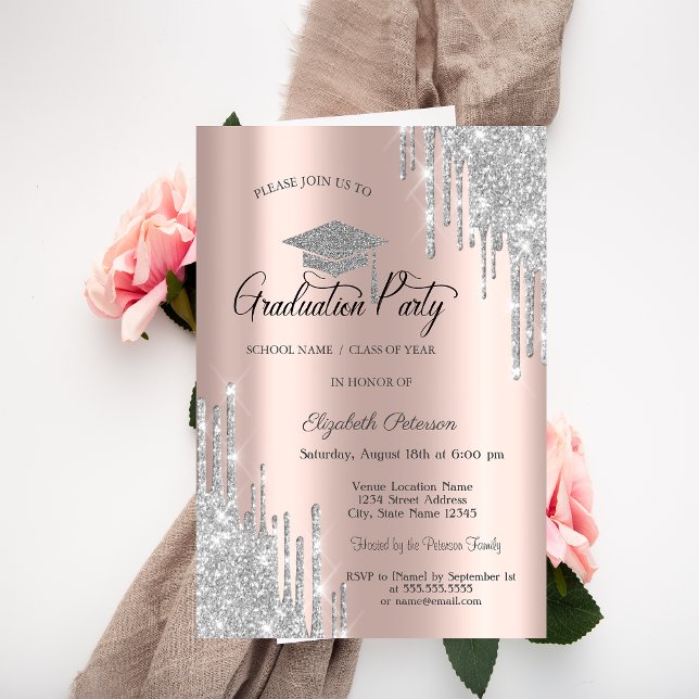 Silver Glitter Drips, Rose Gold Graduation  Invitation (Creator Uploaded)