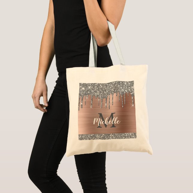 Silver Glitter Drips Rose Gold Metal Monogram Tote Bag (Front (Product))