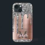 Silver Glitter Drips Rose Gold Metallic Monogram C iPhone 13 Mini Case<br><div class="desc">Modern, girly silver grey glitter drips name and monogrammed iphone case. This design features silver grey (grey) glitter sparkle drips on pink rose gold brushed metal background with custom personalised monogram initial and first name text template. Perfect feminine gift. Please note, this design is printed photo effect. If you need...</div>