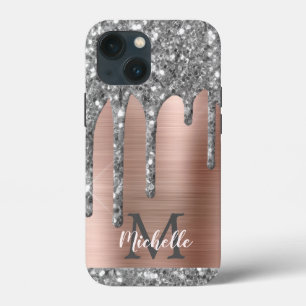 Silver Glitter Drips Rose Gold Metallic Monogram C iPhone 13 Mini Case