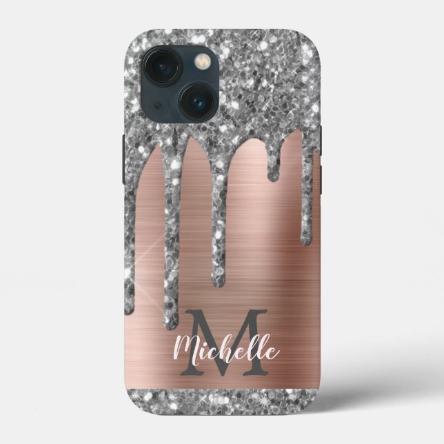 Silver Glitter Drips Rose Gold Metallic Monogram C Case-Mate iPhone Case (Back)
