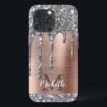 Silver Glitter Drips Rose Gold Metallic Monogram C iPhone 13 Pro Case<br><div class="desc">Modern, girly silver grey glitter drips name and monogrammed iphone case. This design features silver grey (grey) glitter sparkle drips on pink rose gold brushed metal background with custom personalised monogram initial and first name text template. Perfect feminine gift. Please note, this design is printed photo effect. If you need...</div>