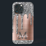 Silver Glitter Drips Rose Gold Metallic Monogram C iPhone 13 Pro Case<br><div class="desc">Modern, girly silver grey glitter drips name and monogrammed iphone case. This design features silver grey (grey) glitter sparkle drips on pink rose gold brushed metal background with custom personalised monogram initial and first name text template. Perfect feminine gift. Please note, this design is printed photo effect. If you need...</div>