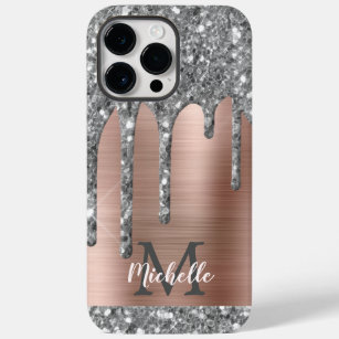Silver Glitter Drips Rose Gold Metallic Monogram Case-Mate iPhone 14 Pro Max Case