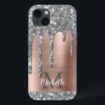 Silver Glitter Drips Rose Gold Metallic Monogram iPhone 13 Case<br><div class="desc">Modern, girly silver grey glitter drips name and monogrammed iphone case. This design features silver grey (grey) glitter sparkle drips on pink rose gold brushed metal background with custom personalised monogram initial and first name text template. Perfect feminine gift. Please note, this design is printed photo effect. If you need...</div>
