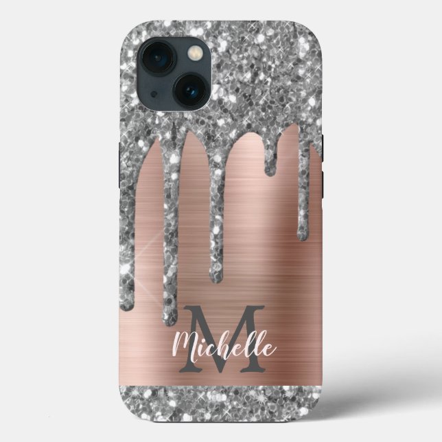 Silver Glitter Drips Rose Gold Metallic Monogram Case-Mate iPhone Case (Back)