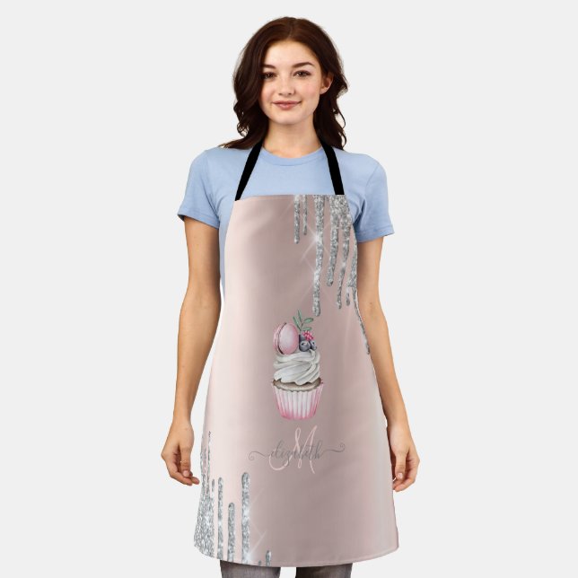 Silver Glitter Drips Rose Gold Monogram Cupcake Apron (Worn)