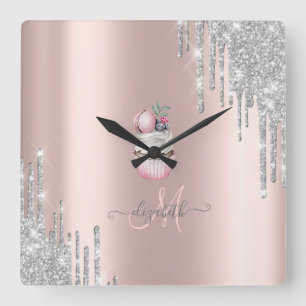 Silver Glitter Drips Rose Gold Monogram Cupcake  Square Wall Clock
