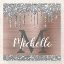 Silver Glitter Drips Rose Gold Name Monogram Glass Coaster
