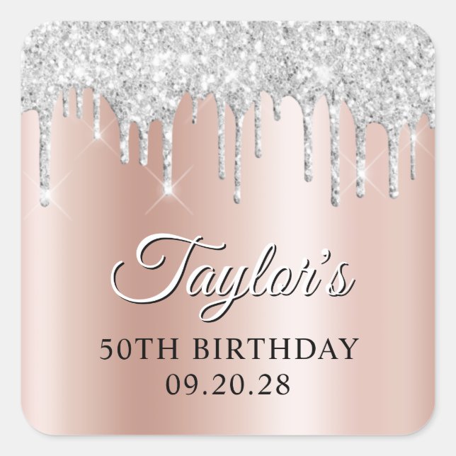 Silver Glitter Drips Rose Gold Ombre Drop Shadow Square Sticker (Front)