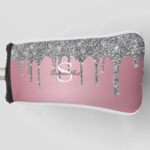 Silver Glitter Drips Rose Gold Pink Monogram Name Golf Head Cover