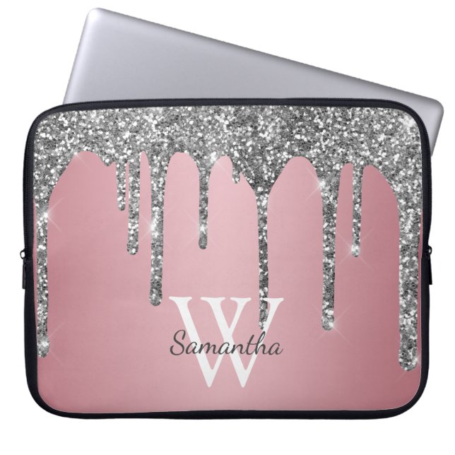 Silver Glitter Drips Rose Gold Pink Monogram Name Laptop Sleeve (Front)