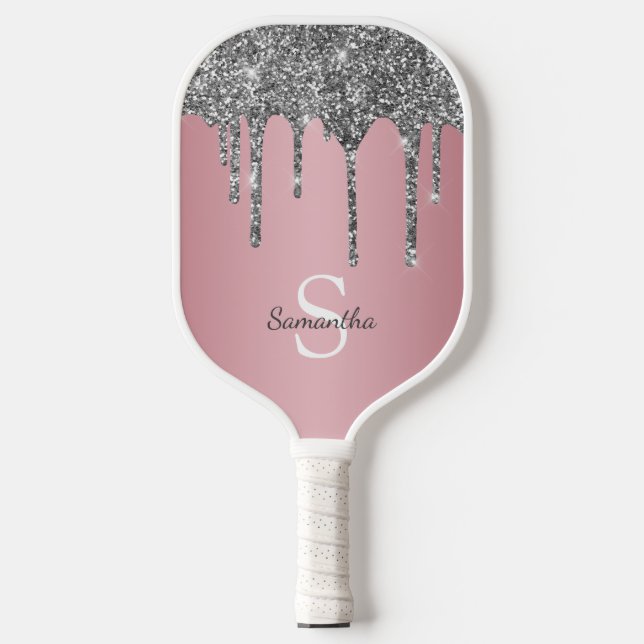 Silver Glitter Drips Rose Gold Pink Monogram Name Pickleball Paddle (Front)
