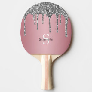 Silver Glitter Drips Rose Gold Pink Monogram Name Ping Pong Paddle