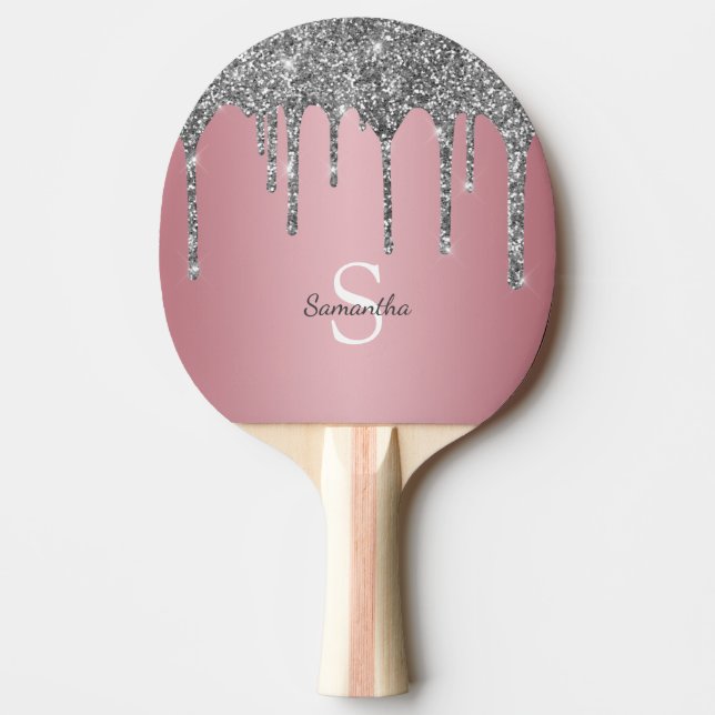 Silver Glitter Drips Rose Gold Pink Monogram Name Ping Pong Paddle (Front)