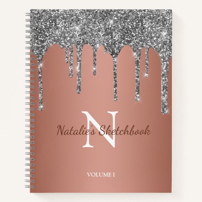 Silver Glitter Drips Rose Gold Sketchbook Notebook (Front)