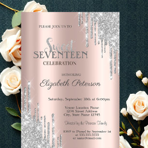 Silver Glitter Drips Rose Gold  Sweet 17 Birthday Invitation