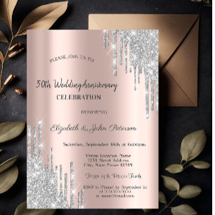 Silver Glitter Drips Rose Gold Wedding Anniversary Invitation