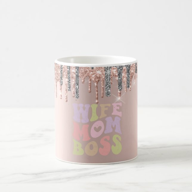 Silver Glitter Drips Rose Gold Wife Mum Boss Coffee Mug (Center)