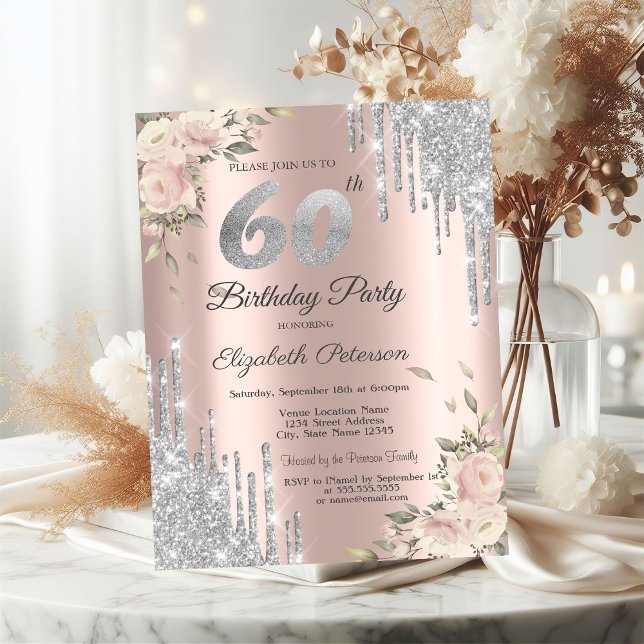 Silver Glitter Drips,Roses 60th Birthday  Invitation (Creator Uploaded)