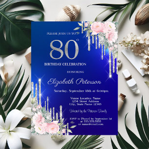 Silver Glitter Drips Roses 80th Blue Birthday  Invitation