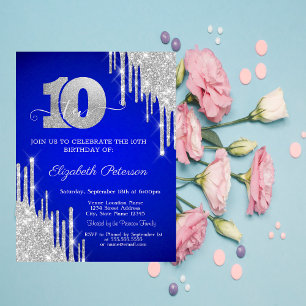 Silver Glitter Drips Royal Blue 10th Birthday  Invitation