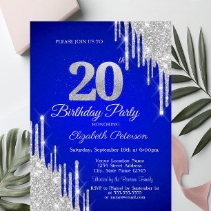 Silver Glitter Drips Royal Blue 20th Birthday  Invitation