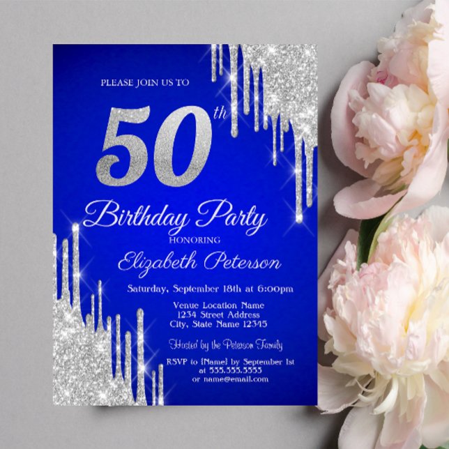 Silver Glitter Drips Royal Blue 50th Birthday  Invitation (Creator Uploaded)