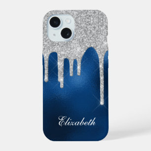 Silver Glitter Drips Royal Blue Glam Girly iPhone 15 Case