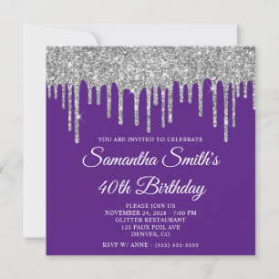 Silver Glitter Drips Royal Purple 40th Birthday Invitation