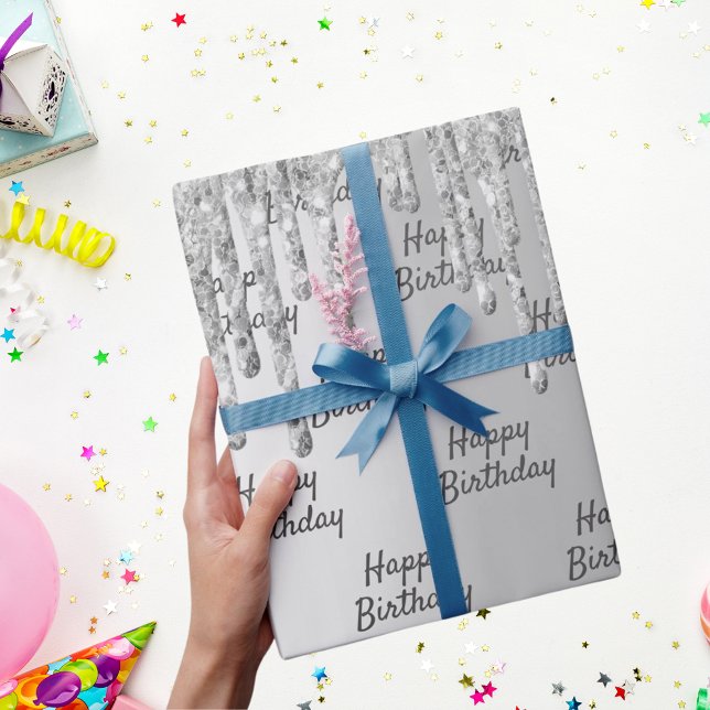 Silver glitter drips sparkle birthday typography wrapping paper (Creator Uploaded)