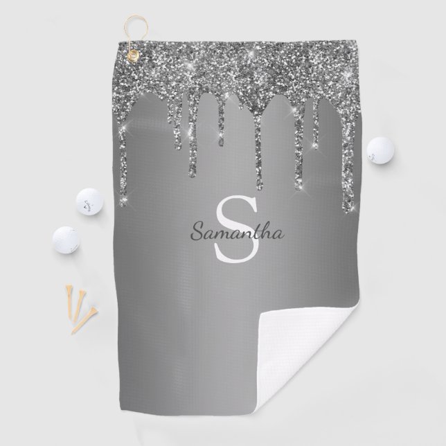 Silver Glitter Drips Sparkle Monogram Name Golf Towel (InSitu)