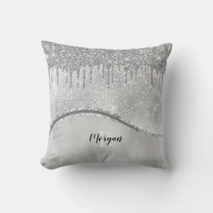 Silver Glitter Drips & Sparkle, Name & Monogram Cushion
