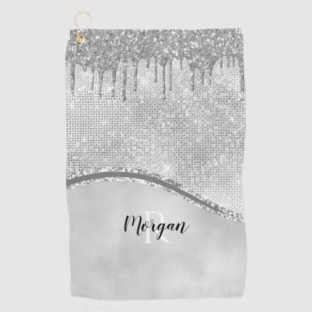 Silver Glitter Drips & Sparkle, Name & Monogram Go Golf Towel (Front)