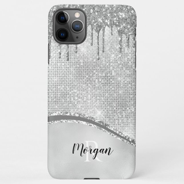 Silver Glitter Drips & Sparkle, Name & Monogram iPhone Case (Back)