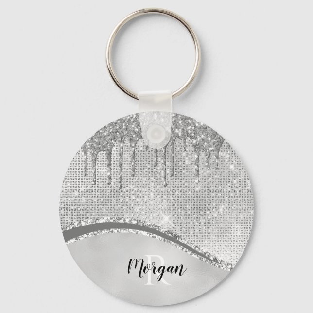 Silver Glitter Drips & Sparkle, Name & Monogram Ke Key Ring (Front)