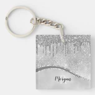 Silver Glitter Drips & Sparkle, Name & Monogram Key Ring
