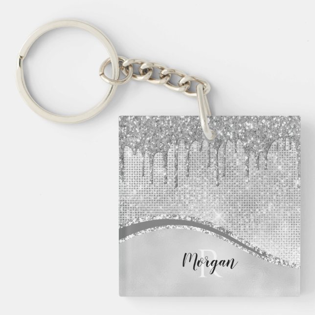 Silver Glitter Drips & Sparkle, Name & Monogram Key Ring (Front)