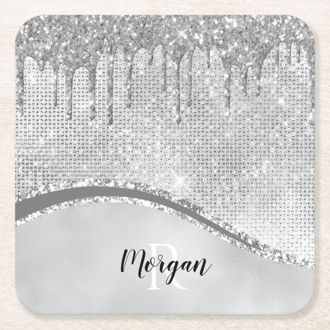 Silver Glitter Drips & Sparkle, Name & Monogram Square Paper Coaster (Front)