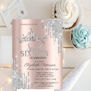 Silver Glitter Drips Tiara Rose Gold Sweet 16  Invitation
