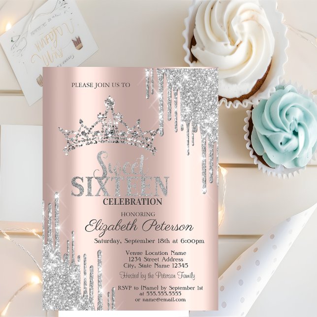 Silver Glitter Drips Tiara Rose Gold Sweet 16  Invitation (Creator Uploaded)
