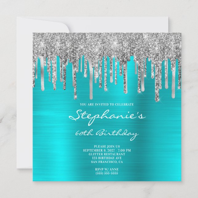 Silver Glitter Drips Turquoise Blue 60th Birthday Invitation (Front)
