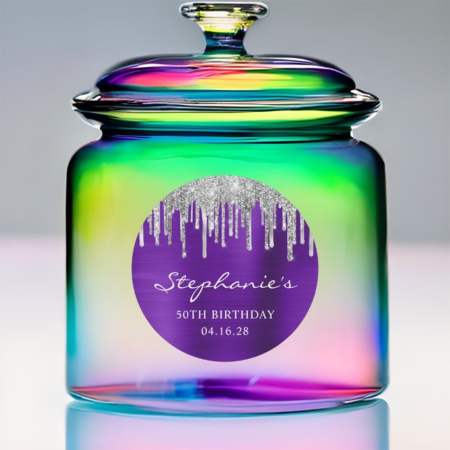 Silver Glitter Drips Violet Purple 50th Birthday Classic Round Sticker (Create your own dripping silver glitter purple stickers.)