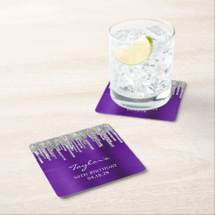 Silver Glitter Drips Violet Purple 50th Birthday Square Paper Coaster